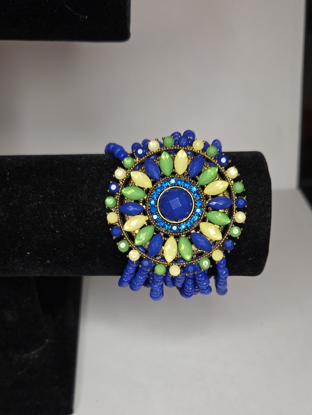 Beaded Sunburst Statement Stretch Bracelet - Blue, Green & Yellow
